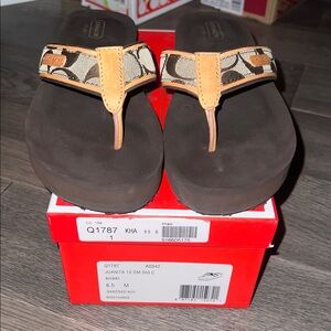 Coach Signature Brown and Tan Flip Flops